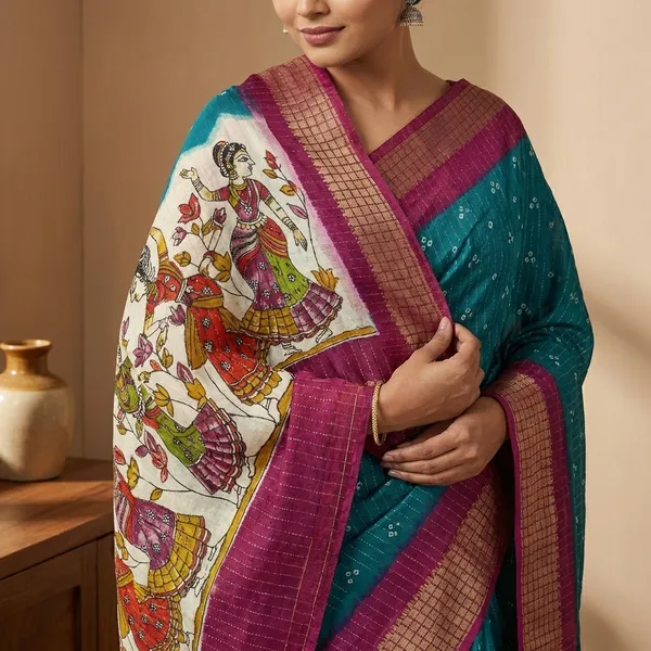 Teal_Blue_With_Magenta_Border_Ethnic_Kalamkari_Print_Cotton_Saree_With_Contrast_Border_For_Women
