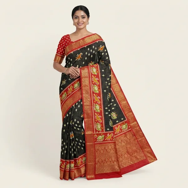 Black_With_Red_Border_Ikkat_Silk_Saree_With_Border_And_Elephant_Motifs_For_Women