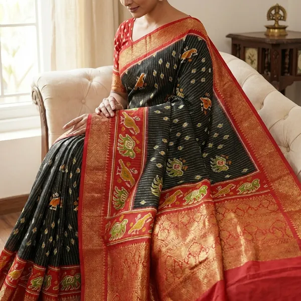 Black_With_Red_Border_Ikkat_Silk_Saree_With_Border_And_Elephant_Motifs_For_Women