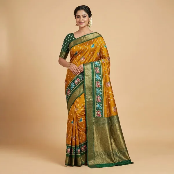 Mustard_Yellow_Traditional_Ikat_Saree_With_Zari_Border_And_Elephant_Motifs_For_Women