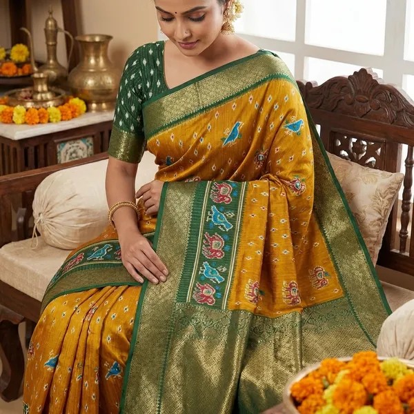 Mustard_Yellow_Traditional_Ikat_Saree_With_Zari_Border_And_Elephant_Motifs_For_Women
