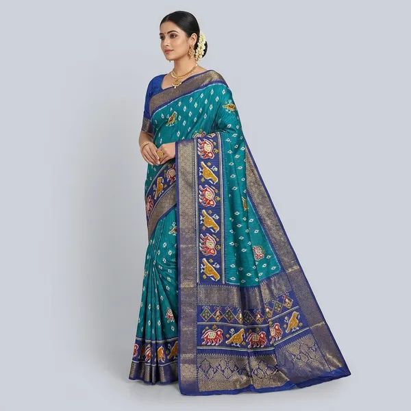 Teal_Blue_Traditional_Ikkat_Silk_Saree_With_Peacock_And_Floral_Motifs_For_Women