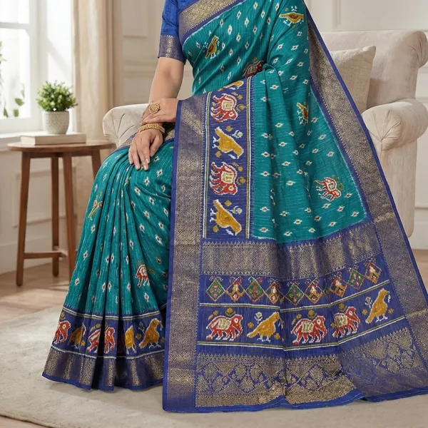 Teal_Blue_Traditional_Ikkat_Silk_Saree_With_Peacock_And_Floral_Motifs_For_Women
