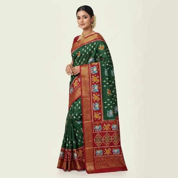 Green_And_Maroon_Traditional_And_Ikat_Silk_Saree_With_Elephant_Motifs_For_Women