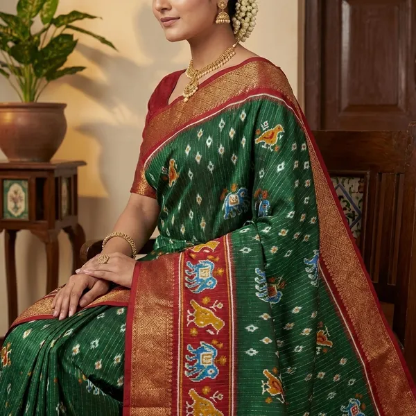 Green_And_Maroon_Traditional_And_Ikat_Silk_Saree_With_Elephant_Motifs_For_Women