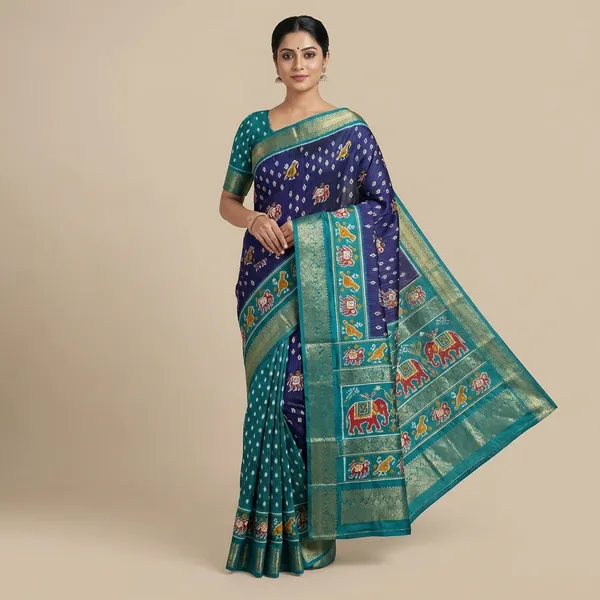 Navy_Blue_With_Teal_Border_Traditional_Ikkat_Saree_With_Elephant_Motifs_And_Contrasting_Border_For_Women