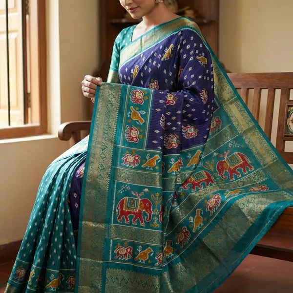 Navy_Blue_With_Teal_Border_Traditional_Ikkat_Saree_With_Elephant_Motifs_And_Contrasting_Border_For_Women