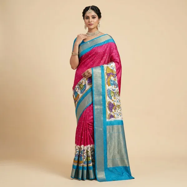 Pink_With_Blue_Border_Traditional_Kalamkari_Print_Cotton_Saree_With_Border_For_Women