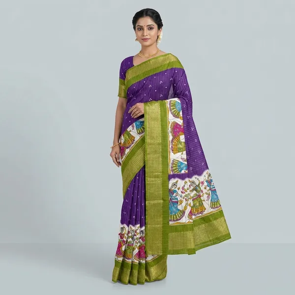Purple_And_Green_Checkered_Cotton_Saree_With_Kalamkari_Print_For_Women