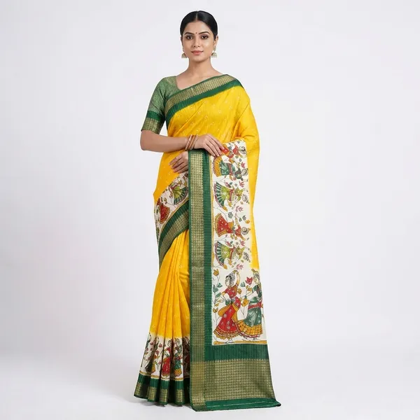 Yellow_With_Green_Border_Kalamkari_Print_Cotton_Silk_Saree_With_Border_For_Women