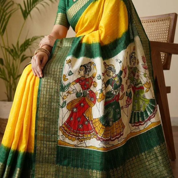 Yellow_With_Green_Border_Kalamkari_Print_Cotton_Silk_Saree_With_Border_For_Women