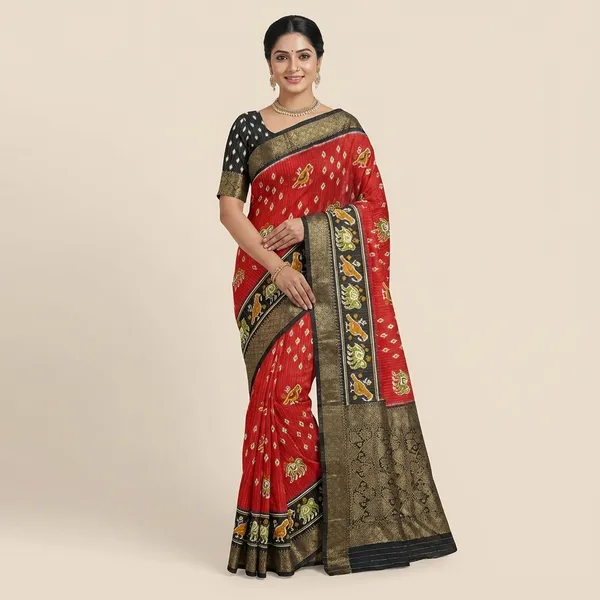 Red_And_Black_Traditional_Pochampally_Ikat_Cotton_Saree_With_Contrast_Border_And_Elephant_Motifs_For_Women