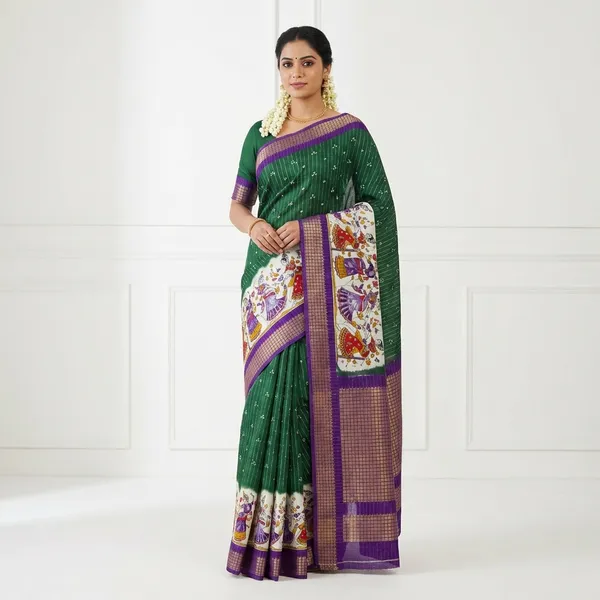 Green_With_Purple_Border_Traditional_Saree_With_Border_And_Kalamkari_Pallu_For_Women