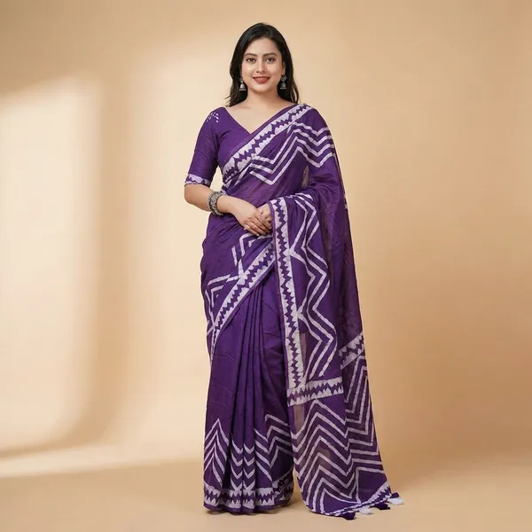 Purple_Geometric_Print_Cotton_Saree_With_Zigzag_Pattern_And_Tassel_Border_For_Women