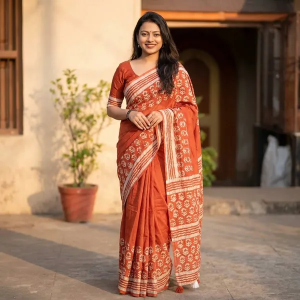 Orange_Block_Print_Cotton_Saree_With_Pom_Pom_Tassels_And_Matching_Blouse_For_Women