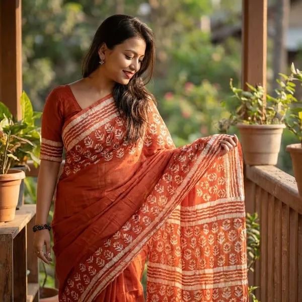 Orange_Block_Print_Cotton_Saree_With_Pom_Pom_Tassels_And_Matching_Blouse_For_Women