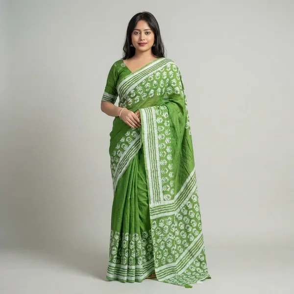 Green_Block_Printed_Cotton_Saree_With_Floral_Motifs_And_Tassel_Border_For_Women
