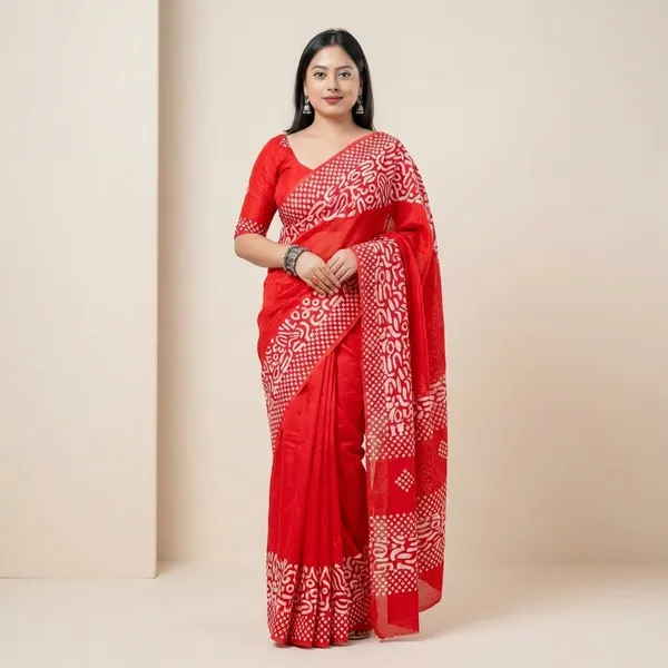 Red_Printed_Saree_With_Pom_Pom_Tassels_And_Matching_Blouse_For_Women