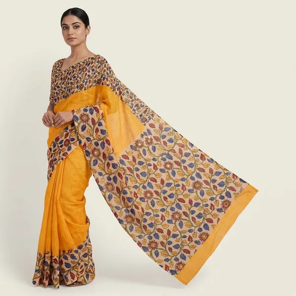Multicolor_Linen_Kalamkari_Printed_Saree_With_Blouse_For_Women