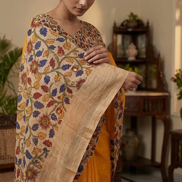 Multicolor_Linen_Kalamkari_Printed_Saree_With_Blouse_For_Women
