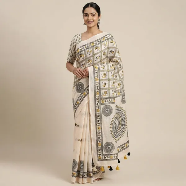Off_White_Off_Linen_Warli_Print_Saree_With_Blouse_For_Women