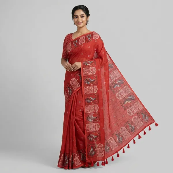 Rust_Red_Rust_Linen_Raasleela_Saree_With_Kalamkari_Border_And_Tassels_For_Women