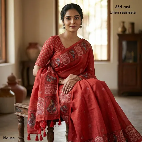 Rust_Red_Rust_Linen_Raasleela_Saree_With_Kalamkari_Border_And_Tassels_For_Women