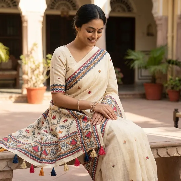 Ivory_White_Ivory_Madhubani_Style_Linen_Saree_With_Printed_Blouse_For_Women
