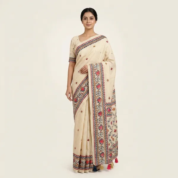 Ivory_White_Ivory_Madhubani_Style_Linen_Saree_With_Printed_Blouse_For_Women