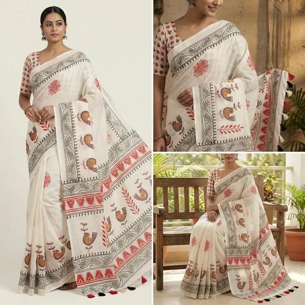White_Fancy_Chidiya_Printed_Saree_With_Blouse