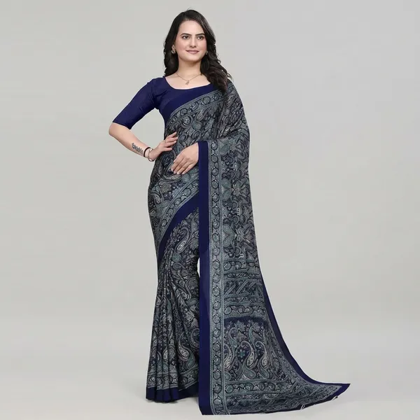 Blue_Elegant_Paisley_Print_Saree_With_Border_For_Women