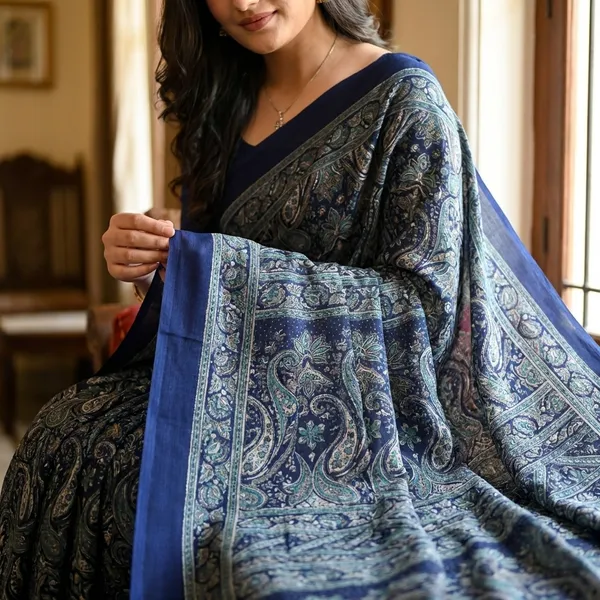 Blue_Elegant_Paisley_Print_Saree_With_Border_For_Women
