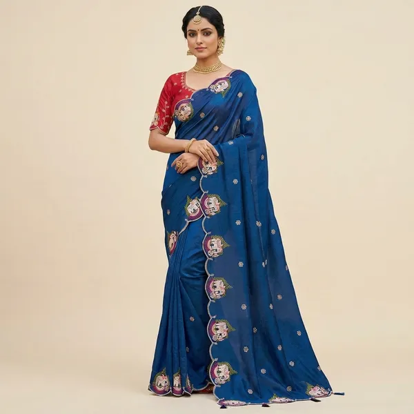 Teal_Blue_Royal_Embroidered_Saree_With_Contrast_Blouse_For_Women