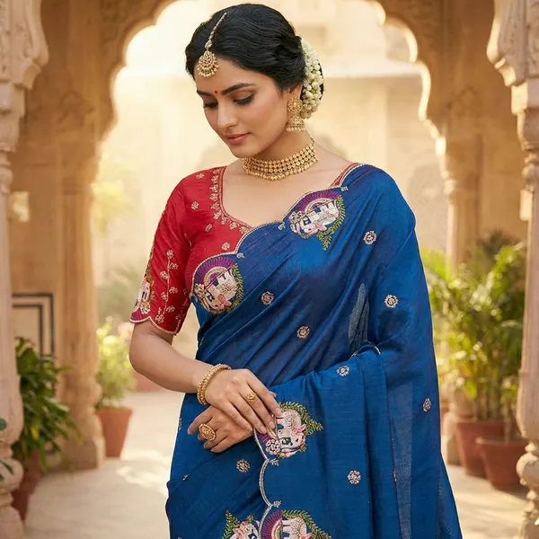 Teal_Blue_Royal_Embroidered_Saree_With_Contrast_Blouse_For_Women