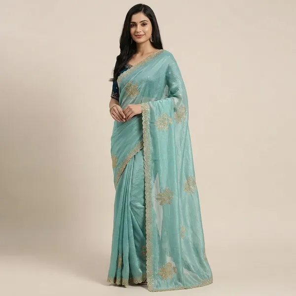 Light_Blue_Elegant_Embroidered_Saree_With_Border_With_Blouse_Piece_For_Women