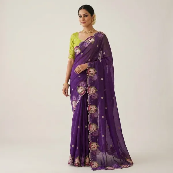 Purple_Organza_Saree_With_Embroidered_Border_And_Lime_Blouse_For_Women