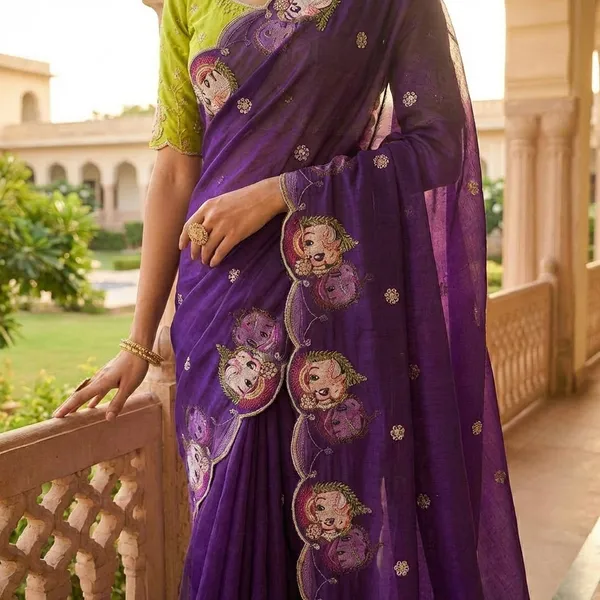 Purple_Organza_Saree_With_Embroidered_Border_And_Lime_Blouse_For_Women