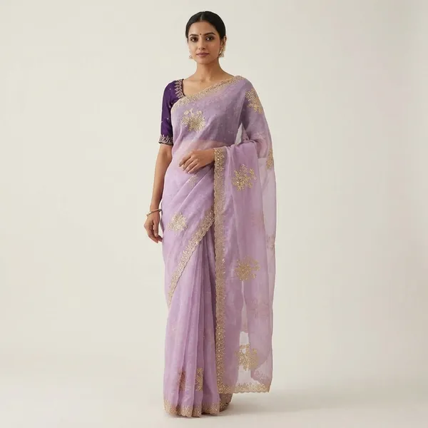 Lavender_Lavender_Organza_Saree_With_Embroidered_And_Velvet_Blouse_For_Women