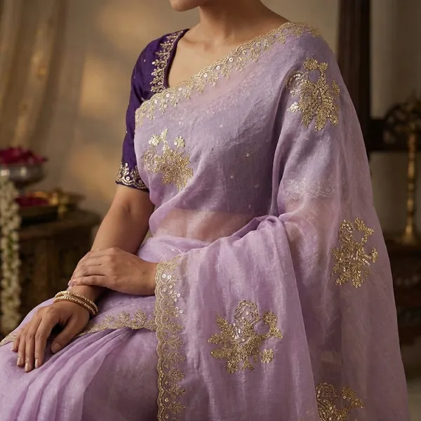 Lavender_Lavender_Organza_Saree_With_Embroidered_And_Velvet_Blouse_For_Women