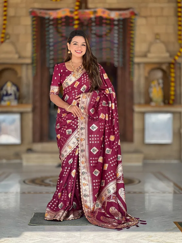 Maroon_Swastik_Silk_Saree_With_Unstitched_Blouse_Piece