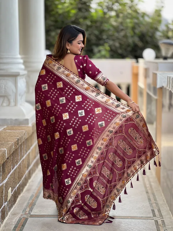 Maroon_Swastik_Silk_Saree_With_Unstitched_Blouse_Piece