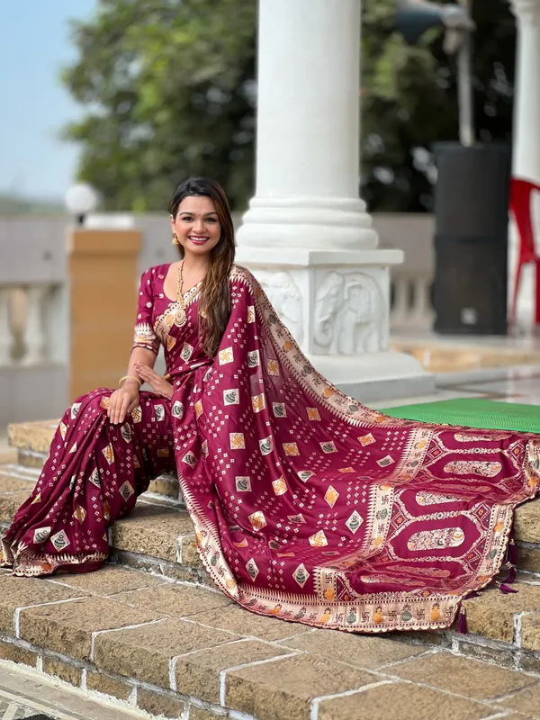 Maroon_Swastik_Silk_Saree_With_Unstitched_Blouse_Piece
