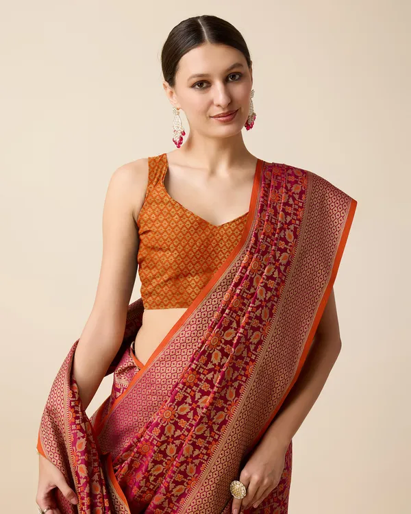 Maroon_Leri_Patola_Silk_Saree_With_Unstitched_Blouse_Piece