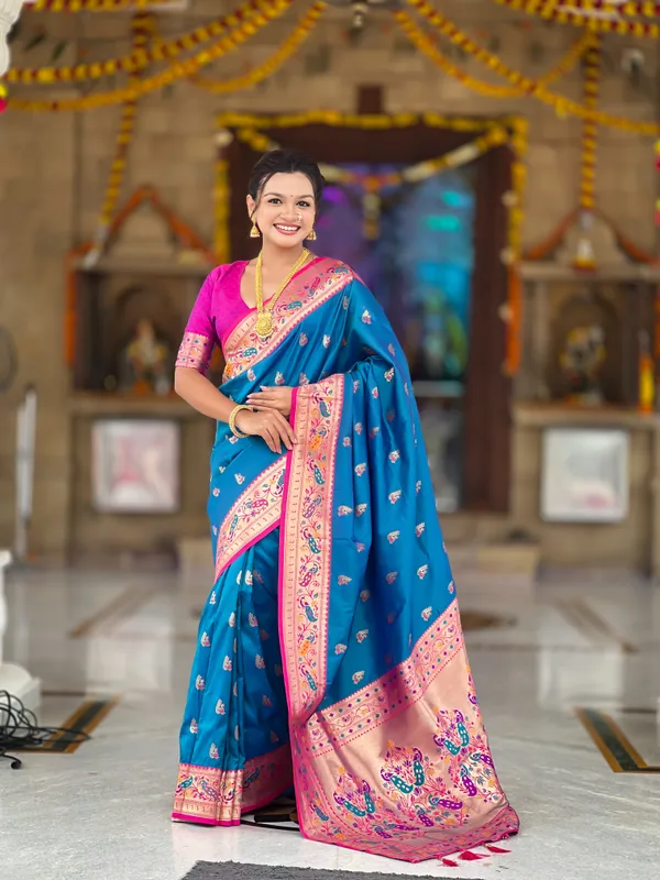 Skyblue_Royal_Paithani_Silk_Saree_With_Unstitched_Blouse_Piece