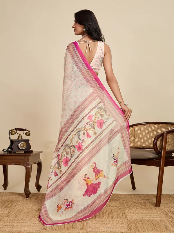 Cream_Kajri_Linan_Saree_With_Unstitched_Blouse_Piece