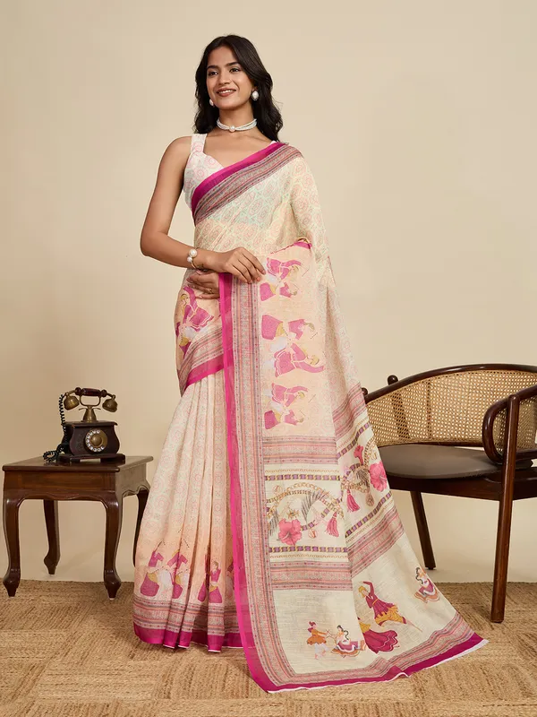 Cream_Kajri_Linan_Saree_With_Unstitched_Blouse_Piece
