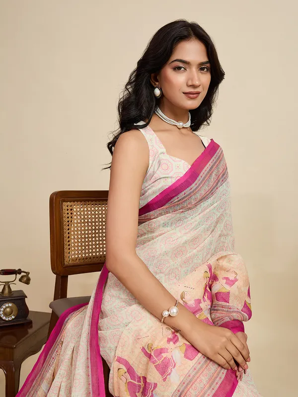 Cream_Kajri_Linan_Saree_With_Unstitched_Blouse_Piece