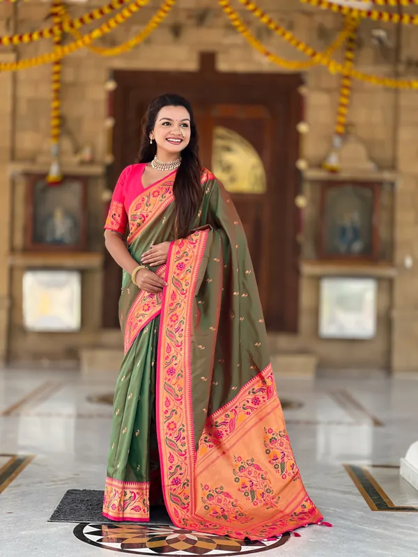 Mehndi_Royal_Paithani_Silk_Saree_With_Unstitched_Blouse_Piece