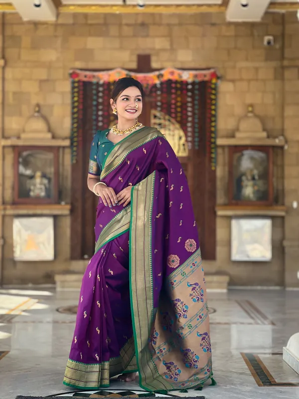 Wine_Peacock_Paithani_Silk_Saree_With_Unstitched_Blouse_Piece
