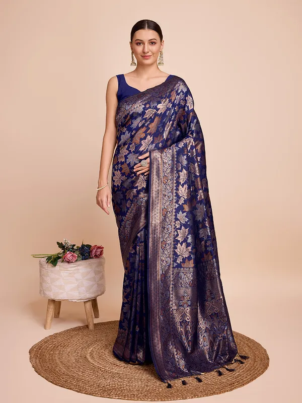 Navy_Blue_Panjari_Silk_Saree_With_Unstitched_Blouse_Piece